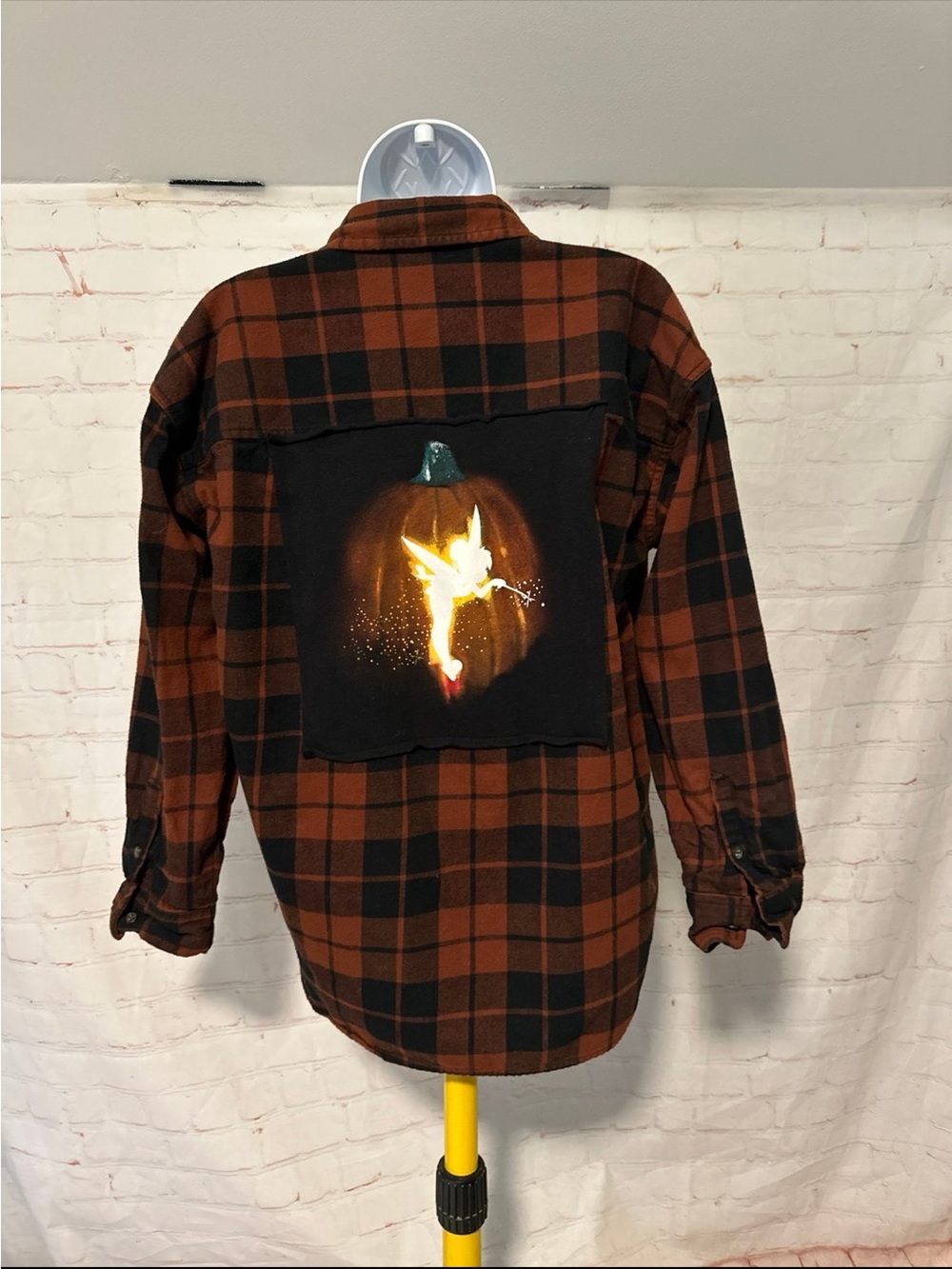 Upcycled Tinkerbell Pumpkin Fall Tee Flannel Sz S
